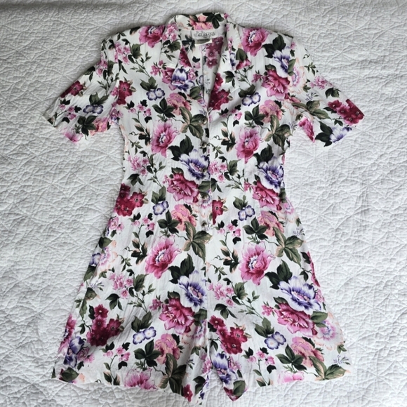 90s Vintage Romper Floral Button Up Collared V-neck Short Sleeve Playsuit - Picture 1 of 13